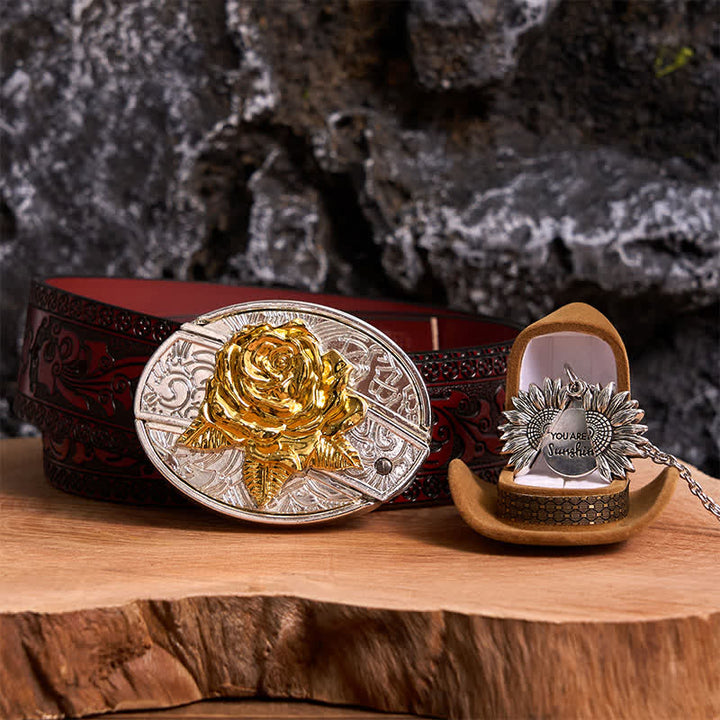 Conjunto de collar con girasol y hebilla de cinturón con cuchillo oculto en forma de rosa, dorado y plateado