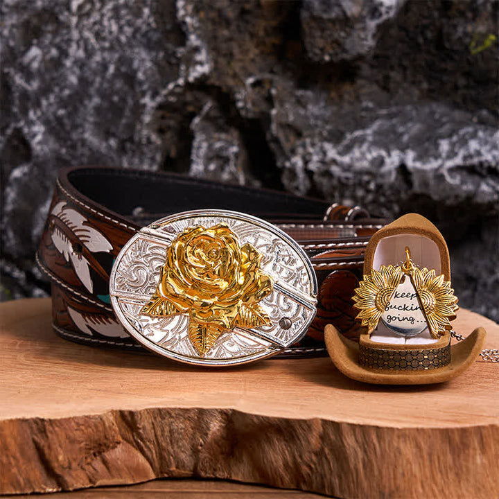 Conjunto de collar con girasol y hebilla de cinturón con cuchillo oculto en forma de rosa, dorado y plateado