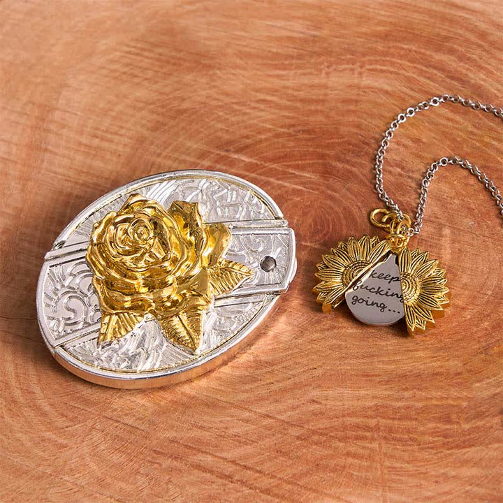 Conjunto de collar con girasol y hebilla de cinturón con cuchillo oculto en forma de rosa, dorado y plateado