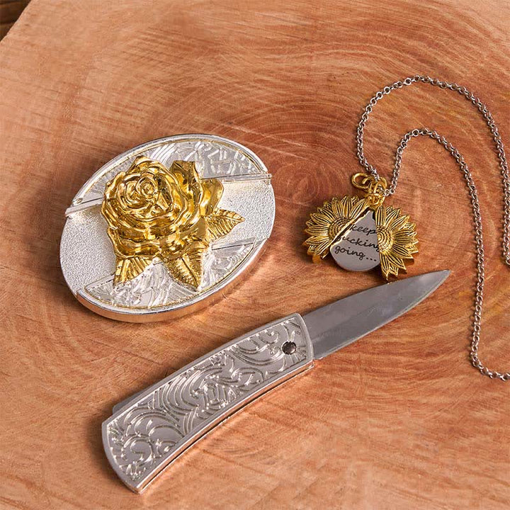 Conjunto de collar con girasol y hebilla de cinturón con cuchillo oculto en forma de rosa, dorado y plateado