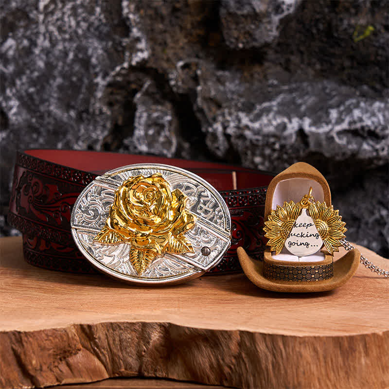Conjunto de collar con girasol y hebilla de cinturón con cuchillo oculto en forma de rosa, dorado y plateado