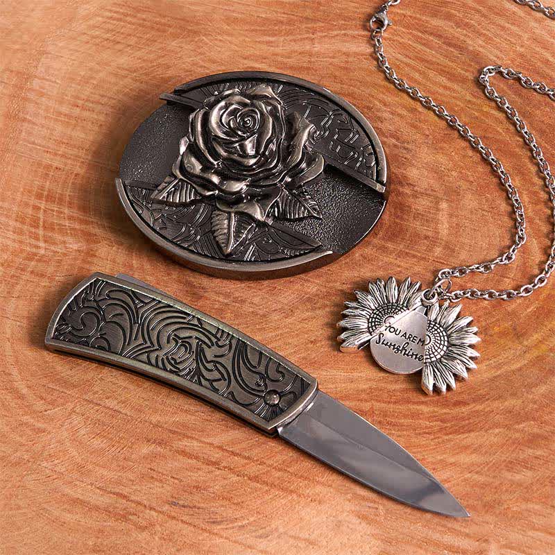 Conjunto de collar con girasol y hebilla de cinturón con cuchillo oculto en forma de rosa de plata DIY