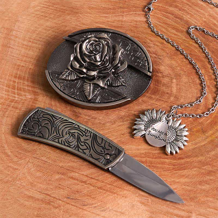 Conjunto de collar con girasol y hebilla de cinturón con cuchillo oculto en forma de rosa de plata DIY