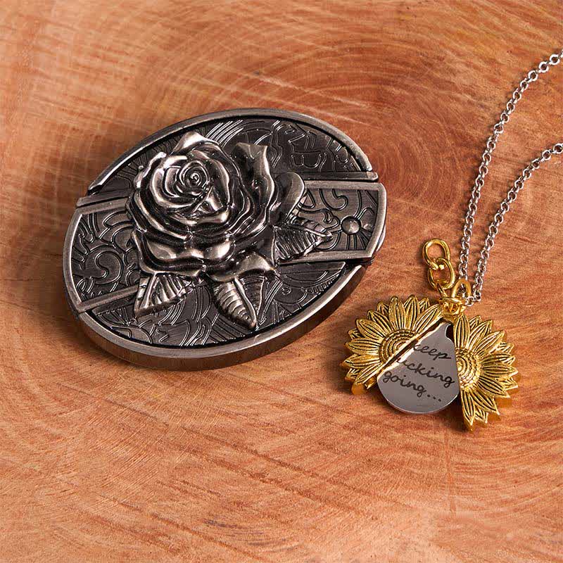 Conjunto de collar con girasol y hebilla de cinturón con cuchillo oculto en forma de rosa de plata DIY