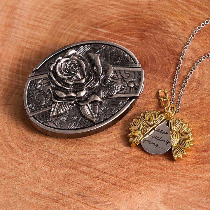Conjunto de collar con girasol y hebilla de cinturón con cuchillo oculto en forma de rosa de plata DIY