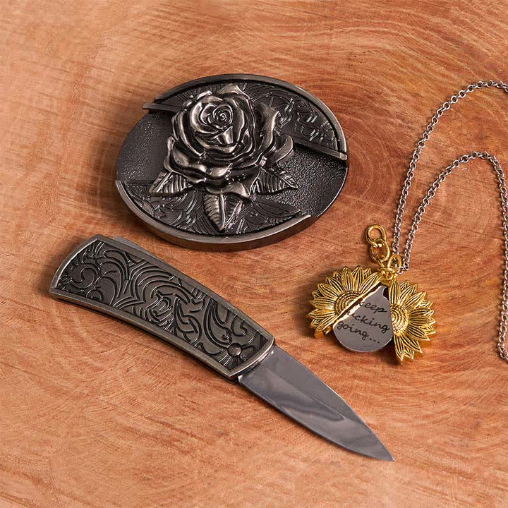 Conjunto de collar con girasol y hebilla de cinturón con cuchillo oculto en forma de rosa de plata DIY