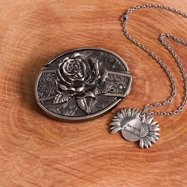 Conjunto de collar con girasol y hebilla de cinturón con cuchillo oculto en forma de rosa de plata DIY