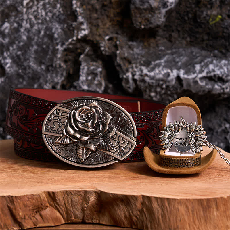 Conjunto de collar con girasol y hebilla de cinturón con cuchillo oculto en forma de rosa de plata DIY