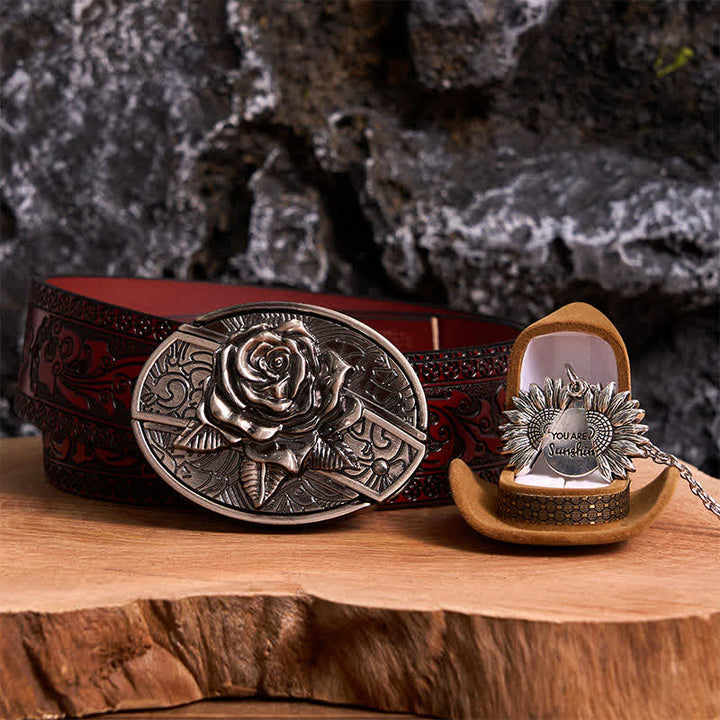Conjunto de collar con girasol y hebilla de cinturón con cuchillo oculto en forma de rosa de plata DIY