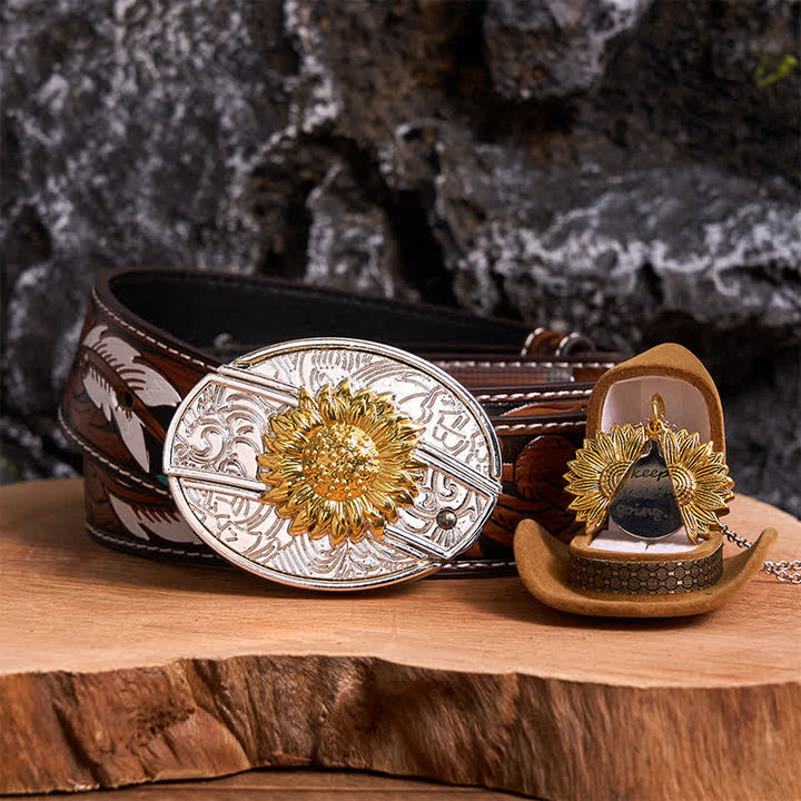 Conjunto de collar y hebilla de cinturón con cuchillo oculto, diseño de girasol, dorado y plateado, para hacer uno mismo