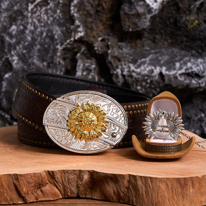 Conjunto de collar y hebilla de cinturón con cuchillo oculto, diseño de girasol, dorado y plateado, para hacer uno mismo
