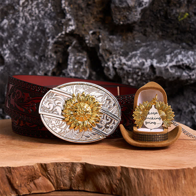 Conjunto de collar y hebilla de cinturón con cuchillo oculto, diseño de girasol, dorado y plateado, para hacer uno mismo