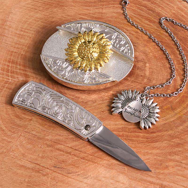 Conjunto de collar y hebilla de cinturón con cuchillo oculto, diseño de girasol, dorado y plateado, para hacer uno mismo