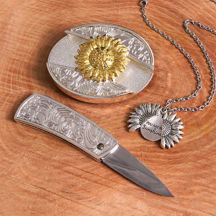 Conjunto de collar y hebilla de cinturón con cuchillo oculto, diseño de girasol, dorado y plateado, para hacer uno mismo