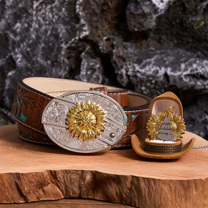 Conjunto de collar y hebilla de cinturón con cuchillo oculto, diseño de girasol, dorado y plateado, para hacer uno mismo