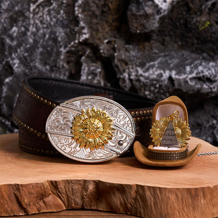 Conjunto de collar y hebilla de cinturón con cuchillo oculto, diseño de girasol, dorado y plateado, para hacer uno mismo