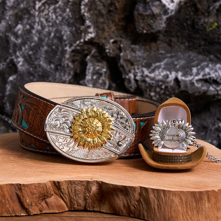 Conjunto de collar y hebilla de cinturón con cuchillo oculto, diseño de girasol, dorado y plateado, para hacer uno mismo