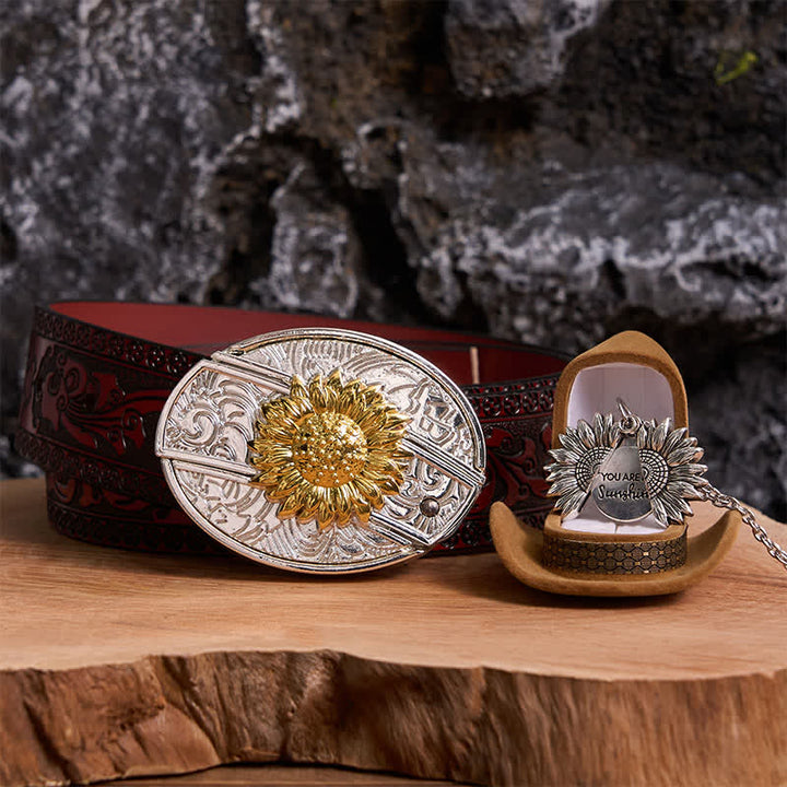 Conjunto de collar y hebilla de cinturón con cuchillo oculto, diseño de girasol, dorado y plateado, para hacer uno mismo