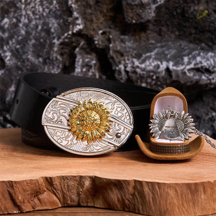 Conjunto de collar y hebilla de cinturón con cuchillo oculto, diseño de girasol, dorado y plateado, para hacer uno mismo