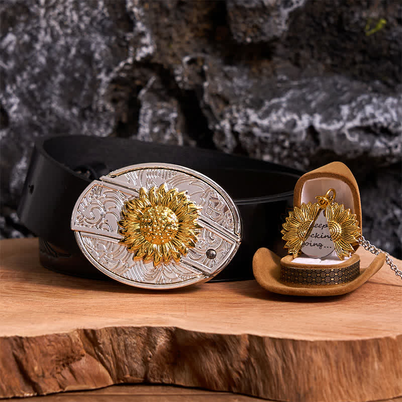 Conjunto de collar y hebilla de cinturón con cuchillo oculto, diseño de girasol, dorado y plateado, para hacer uno mismo