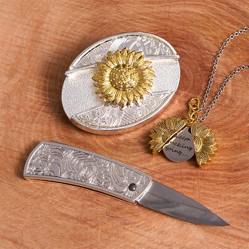 Conjunto de collar y hebilla de cinturón con cuchillo oculto, diseño de girasol, dorado y plateado, para hacer uno mismo