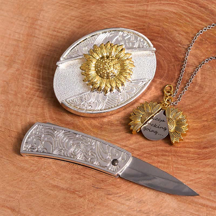 Conjunto de collar y hebilla de cinturón con cuchillo oculto, diseño de girasol, dorado y plateado, para hacer uno mismo