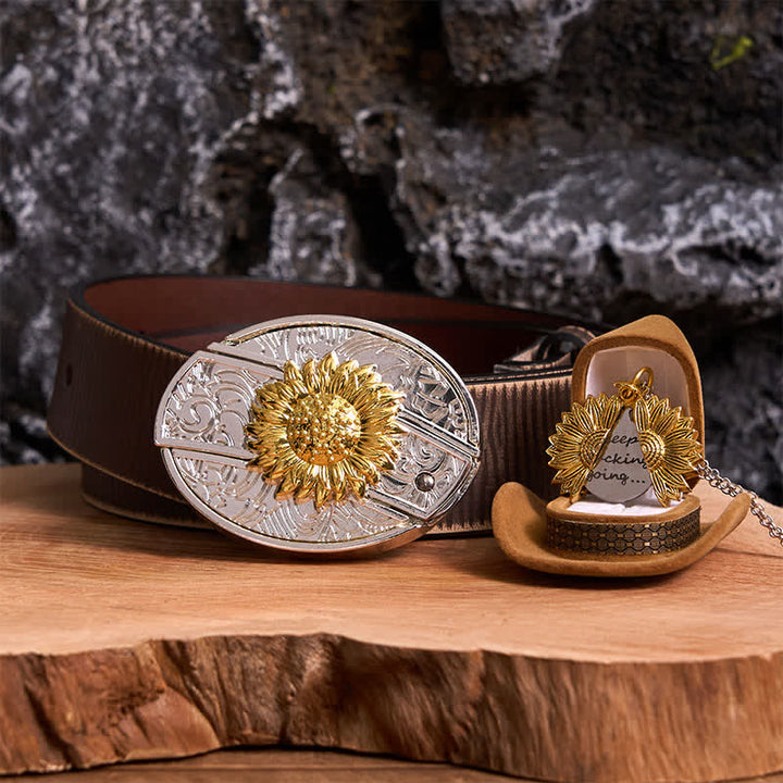 Conjunto de collar y hebilla de cinturón con cuchillo oculto, diseño de girasol, dorado y plateado, para hacer uno mismo