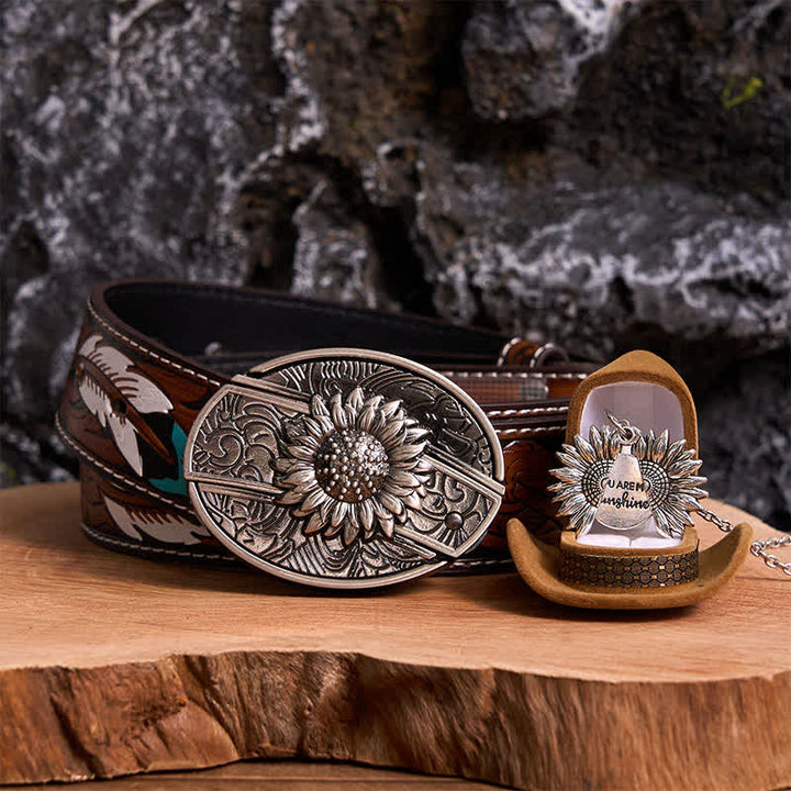 Conjunto de collar y hebilla de cinturón con cuchillo oculto con temática de girasol de plata DIY