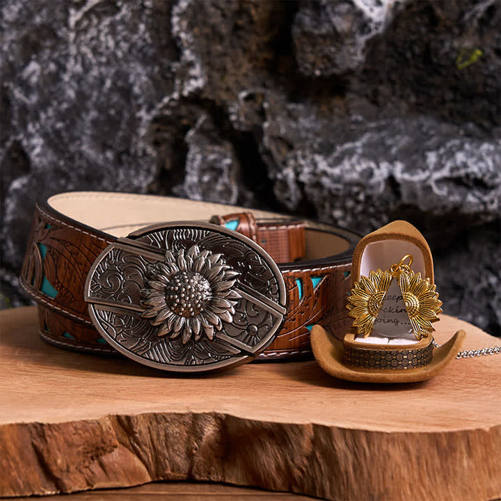 Conjunto de collar y hebilla de cinturón con cuchillo oculto con temática de girasol de plata DIY