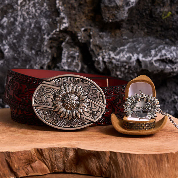 Conjunto de collar y hebilla de cinturón con cuchillo oculto con temática de girasol de plata DIY