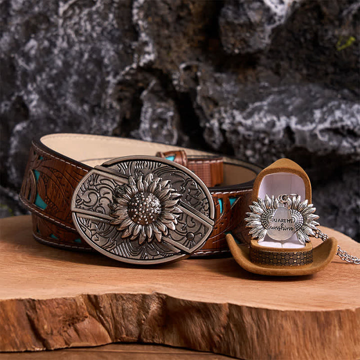 Conjunto de collar y hebilla de cinturón con cuchillo oculto con temática de girasol de plata DIY