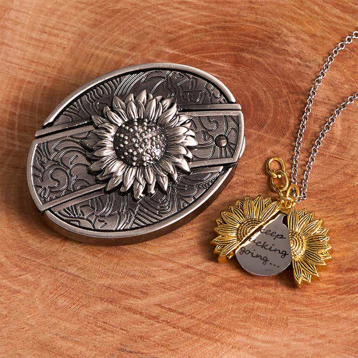 Conjunto de collar y hebilla de cinturón con cuchillo oculto con temática de girasol de plata DIY