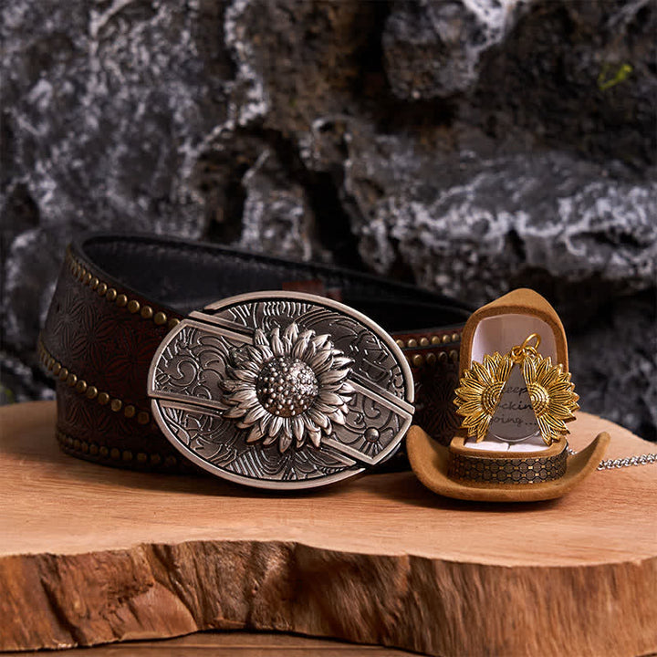 Conjunto de collar y hebilla de cinturón con cuchillo oculto con temática de girasol de plata DIY