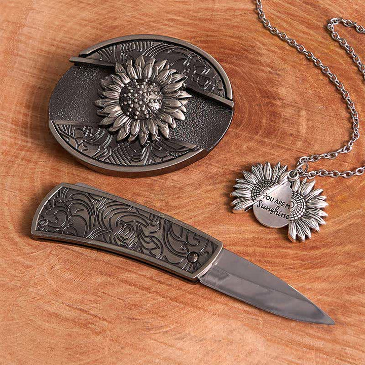 Conjunto de collar y hebilla de cinturón con cuchillo oculto con temática de girasol de plata DIY
