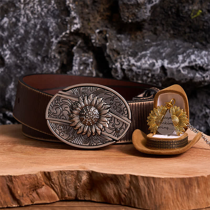 Conjunto de collar y hebilla de cinturón con cuchillo oculto con temática de girasol de plata DIY