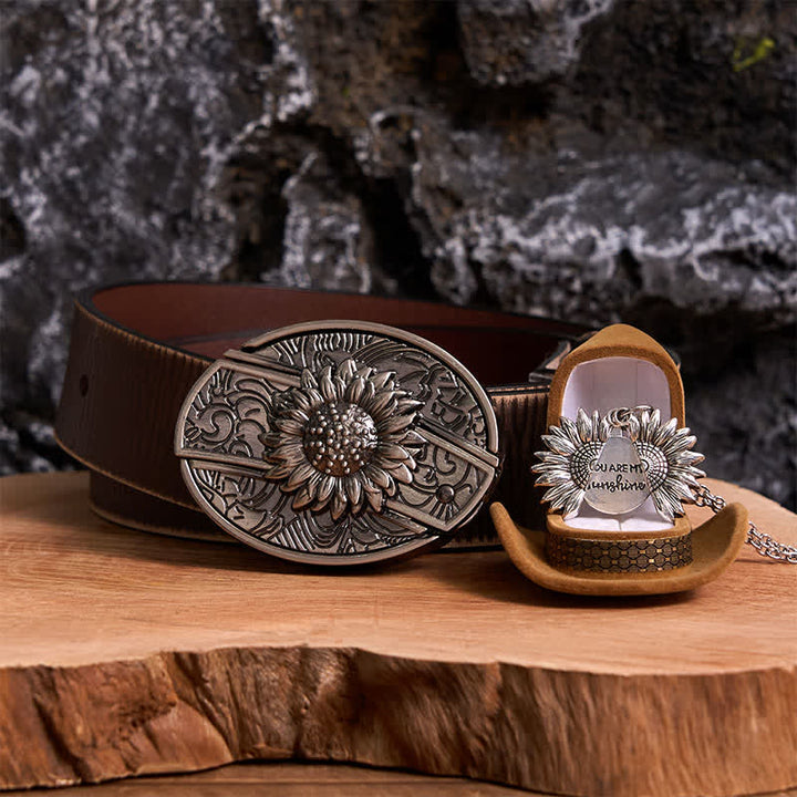 Conjunto de collar y hebilla de cinturón con cuchillo oculto con temática de girasol de plata DIY
