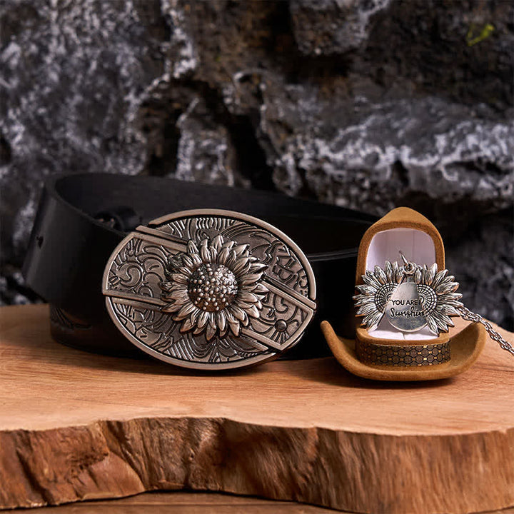 Conjunto de collar y hebilla de cinturón con cuchillo oculto con temática de girasol de plata DIY