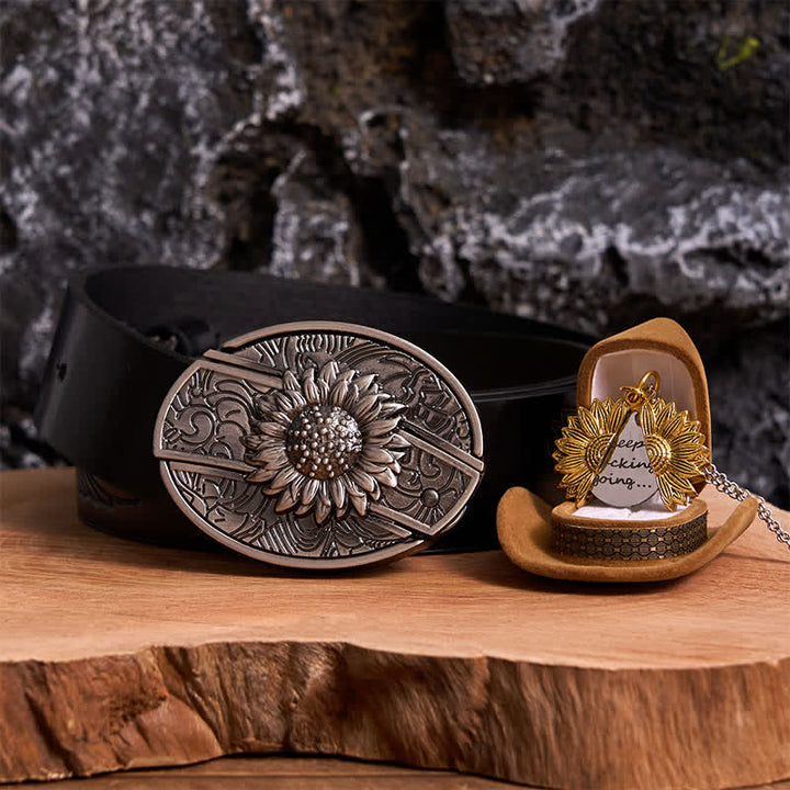 Conjunto de collar y hebilla de cinturón con cuchillo oculto con temática de girasol de plata DIY
