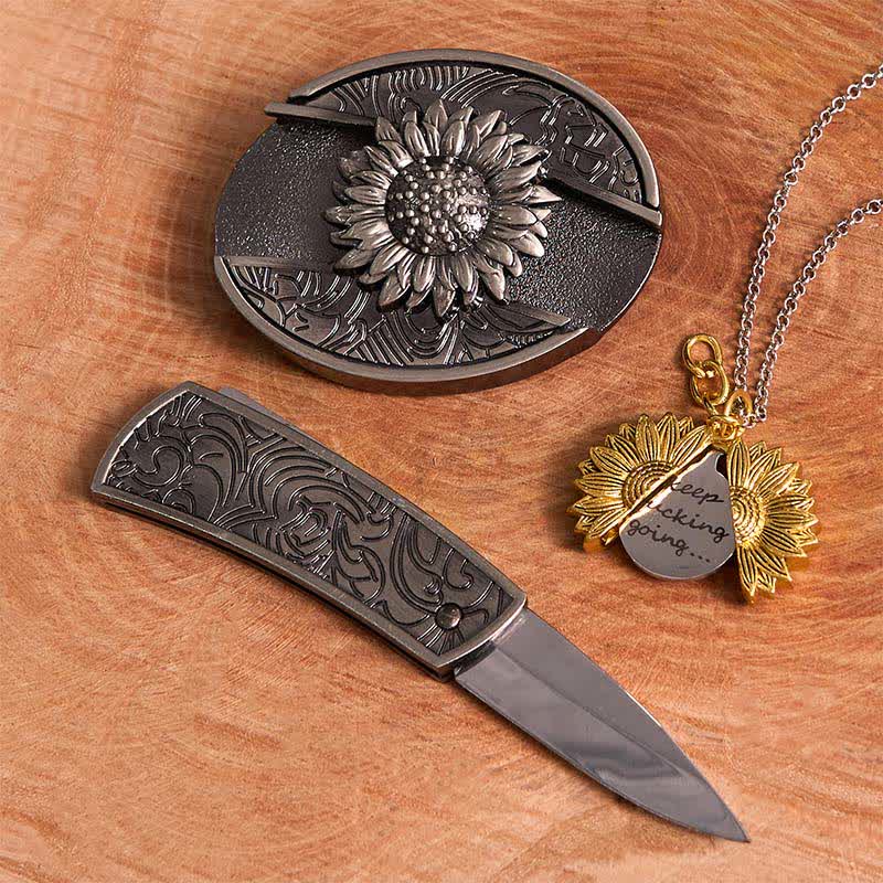 Conjunto de collar y hebilla de cinturón con cuchillo oculto con temática de girasol de plata DIY