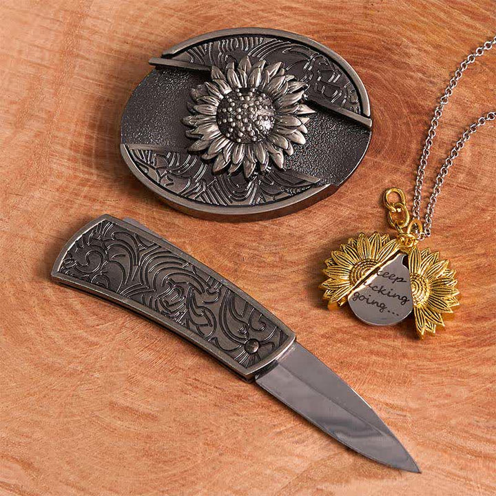 Conjunto de collar y hebilla de cinturón con cuchillo oculto con temática de girasol de plata DIY