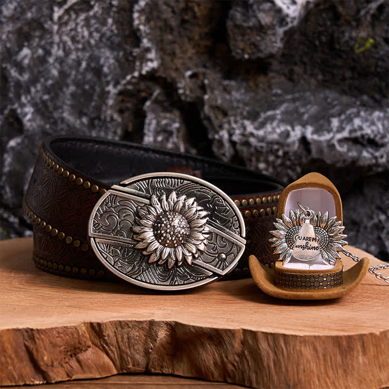 Conjunto de collar y hebilla de cinturón con cuchillo oculto con temática de girasol de plata DIY