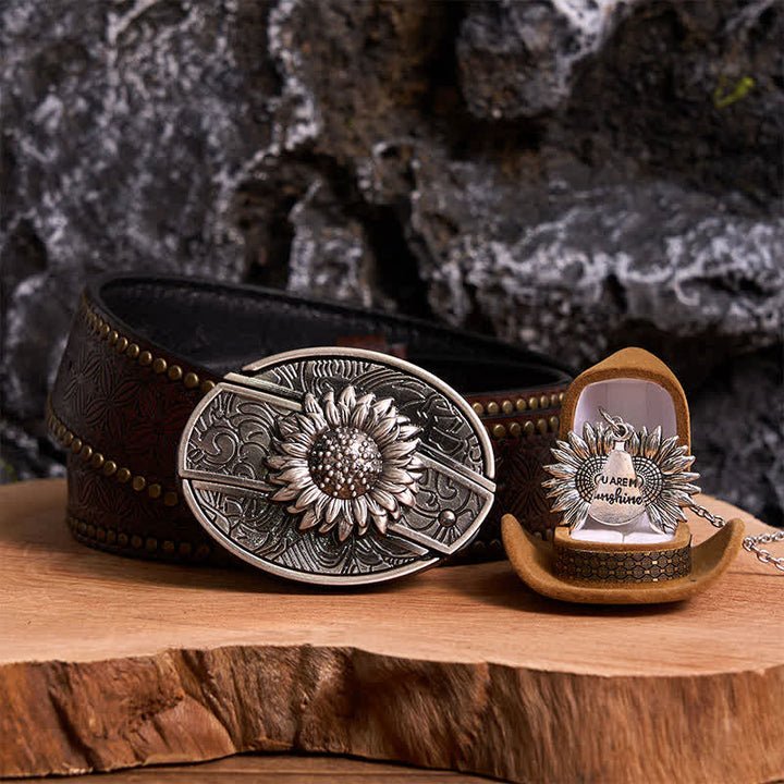Conjunto de collar y hebilla de cinturón con cuchillo oculto con temática de girasol de plata DIY
