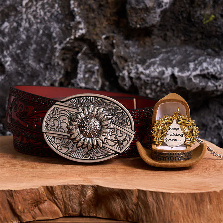 Conjunto de collar y hebilla de cinturón con cuchillo oculto con temática de girasol de plata DIY