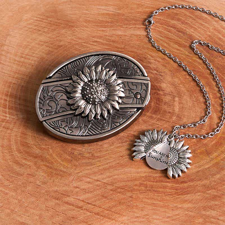 Conjunto de collar y hebilla de cinturón con cuchillo oculto con temática de girasol de plata DIY