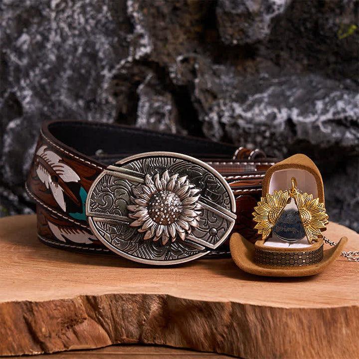 Conjunto de collar y hebilla de cinturón con cuchillo oculto con temática de girasol de plata DIY