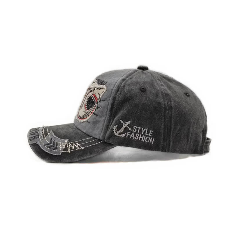 Gorra de béisbol lavada con borde deshilachado retro y bordado de tiburón