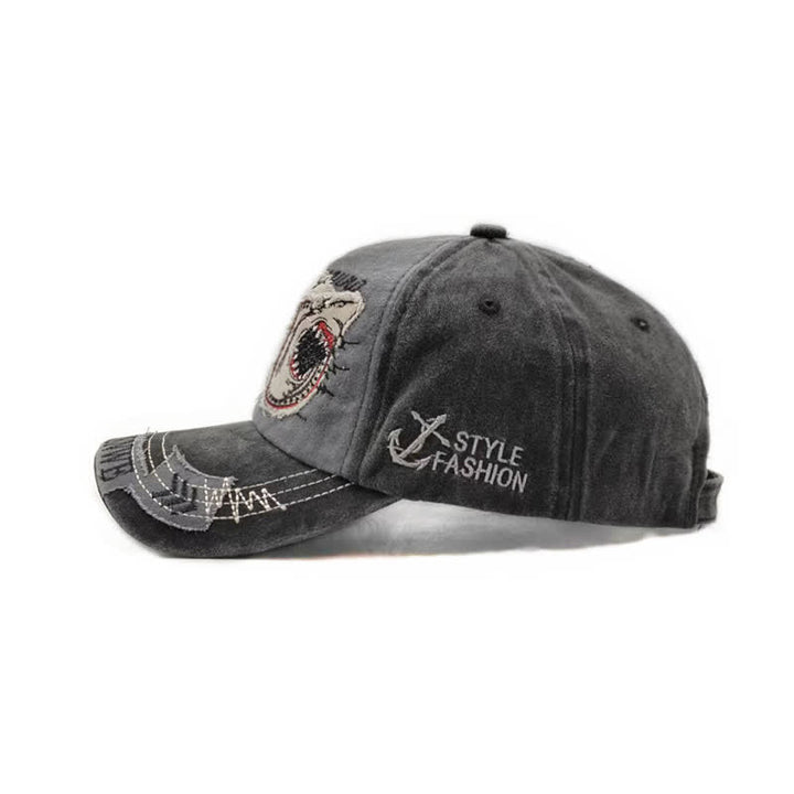 Gorra de béisbol lavada con borde deshilachado retro y bordado de tiburón