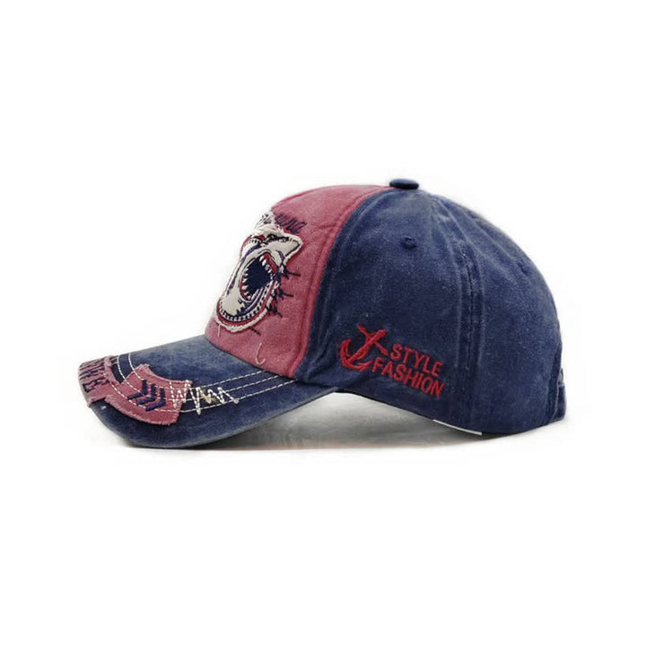 Gorra de béisbol lavada con borde deshilachado retro y bordado de tiburón