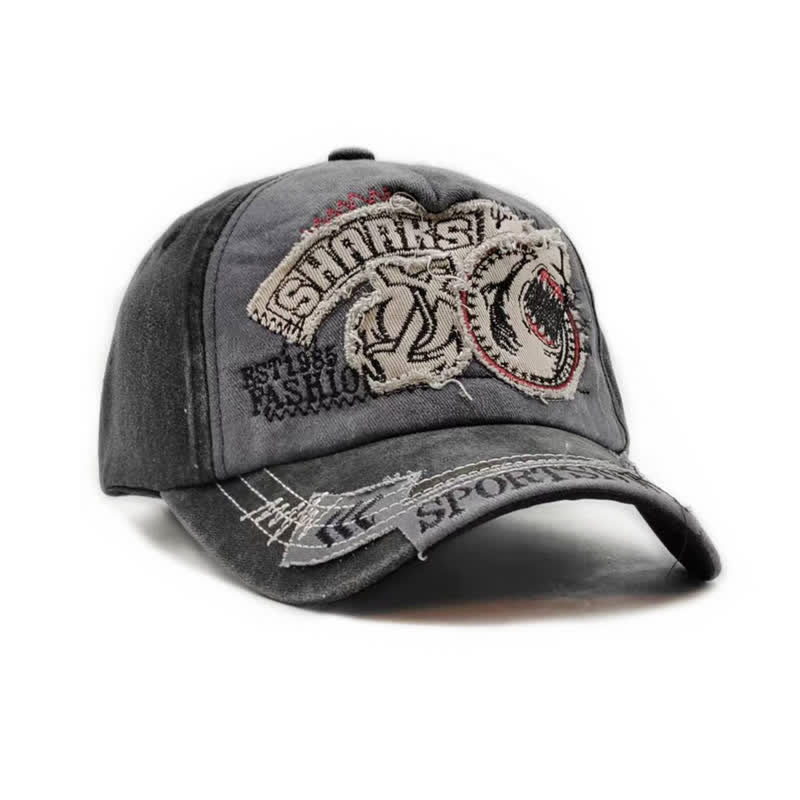 Gorra de béisbol lavada con borde deshilachado retro y bordado de tiburón