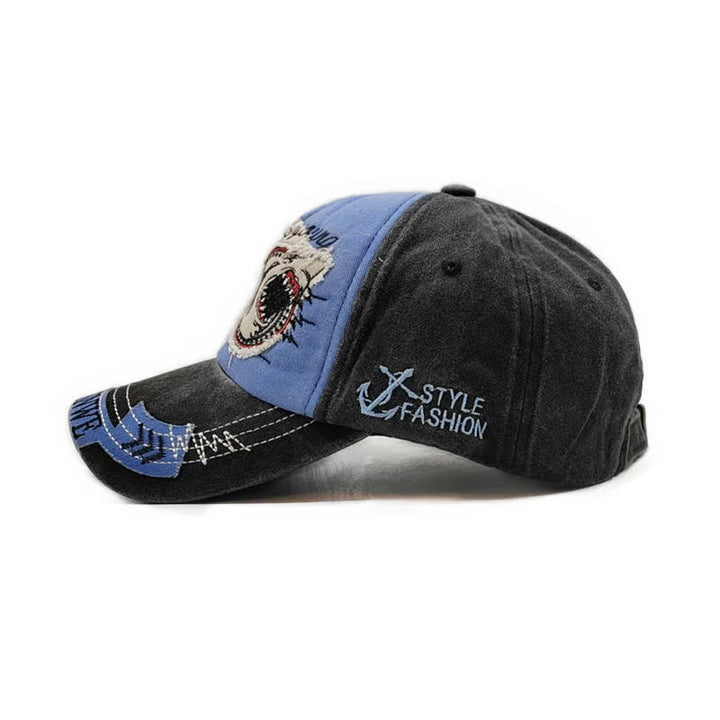 Gorra de béisbol lavada con borde deshilachado retro y bordado de tiburón